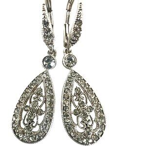 Napoli Teardrop Dangle Earrings filigree Fleur-de-lis Motif Crystals Silver-tone